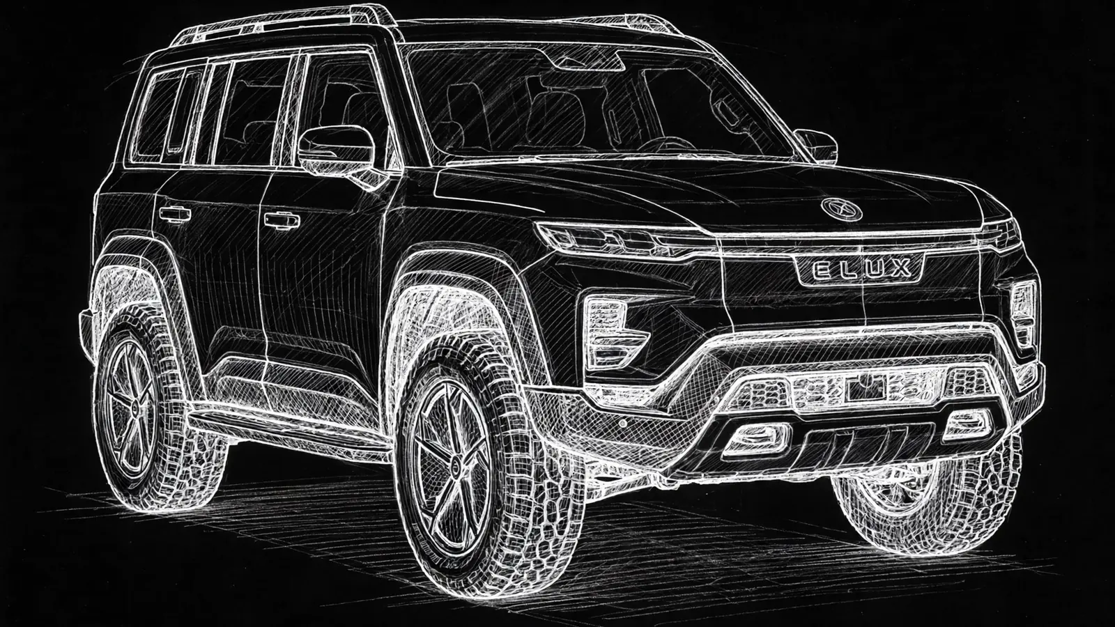 ELUX Sovereign full-size SUV, white-line concept sketch from the front three-quarter view, with the full-width light bar and ELUX lettering